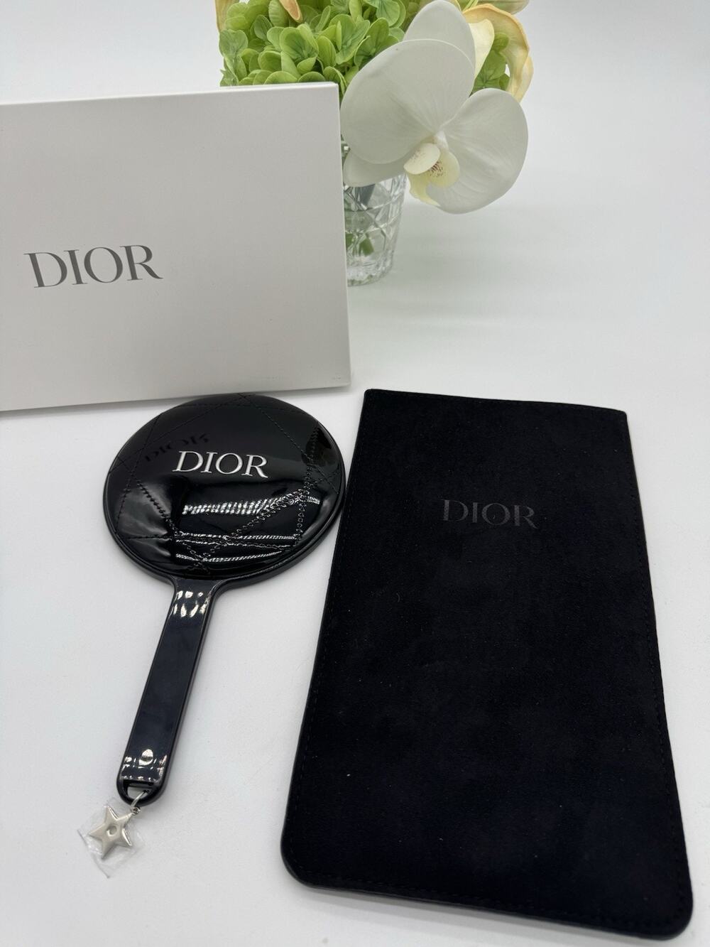Christian Dior Quilted Hand Mirror Black 9’’ with Case Pouch & Box New